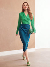 MOTF PREMIUM CONTRASTING COLOR WOVEN WRAP NECKLINE DRESS